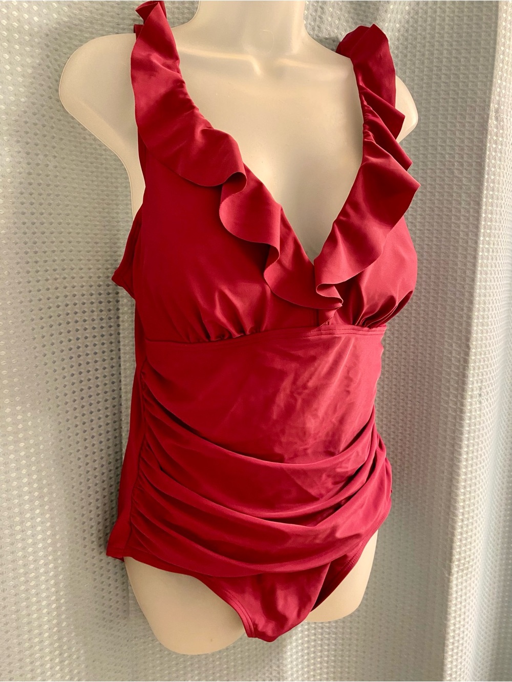 DKNY Raspberry Pink Ruffle Ruched Tummy Control One Piece Swimsuit 14 - Picture 7 of 10